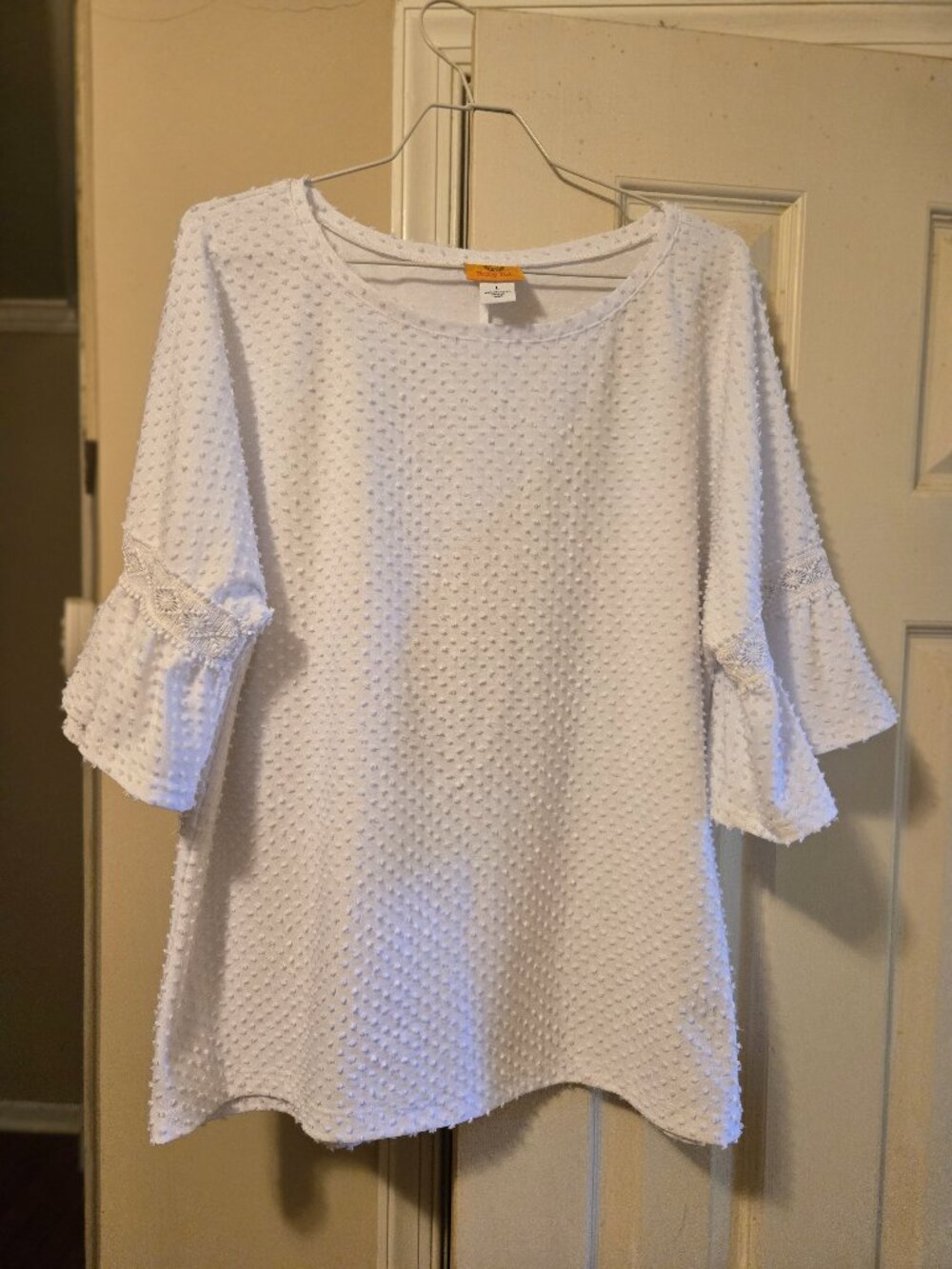 Ruby Rd L white 100% polyester top, very cute white with white dots